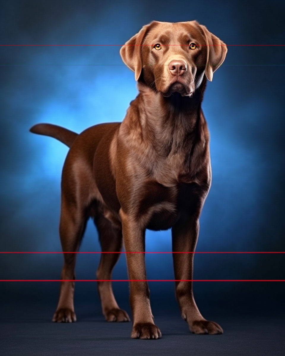 A picture of a brown Labrador Retriever stands on a dark blue background with light blue haze. The dog has a shiny coat, attentive ears, and intelligent, focused eyes looking forward. It has a sturdy build, muscular legs, and a slightly lifted tail.