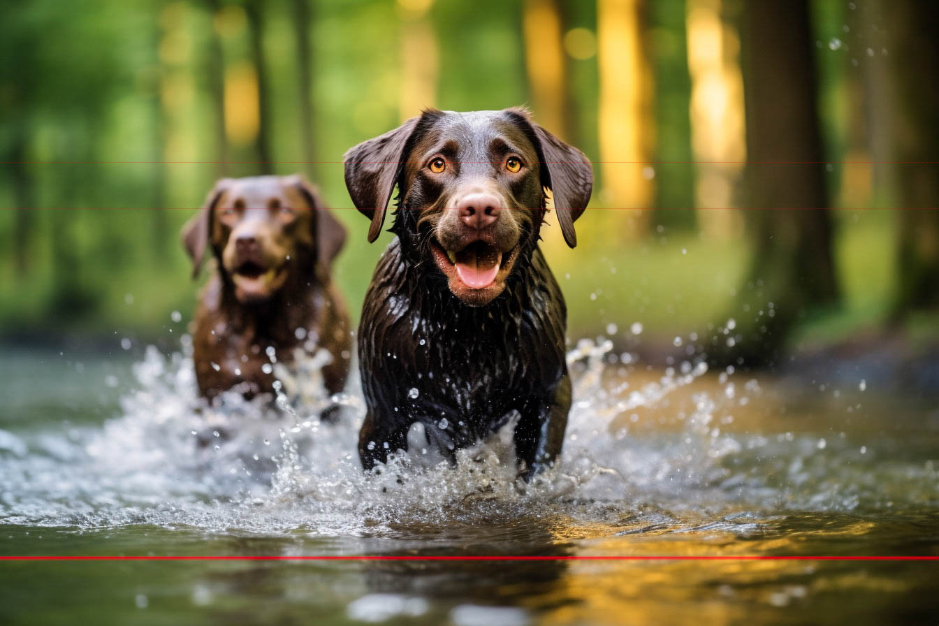 Two wet chocolate Labrador Retrievers run through a shallow creek in a lush forest, splashing water around them. The foreground dog has ears flapping, eyes wide, and mouth open in a happy expression. The background dog follows closely behind, slightly out of focus. Sunlight filters through the trees.