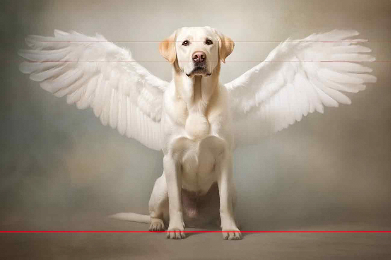 A yellow Labrador Retriever is sitting against a soft, cloudy background. The dog has large, white, angel-like wings, creating a serene and majestic appearance in this ethereal picture.