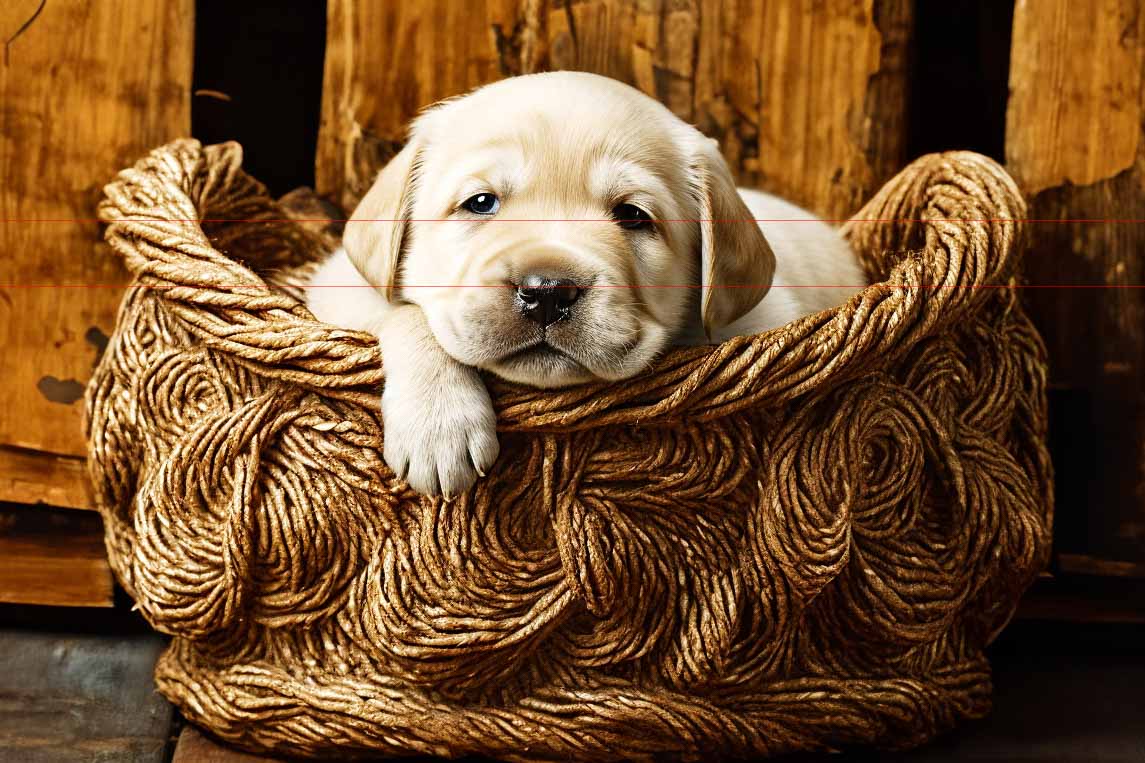 A small Labrador Retriever puppy lies in a woven wicker basket, which has a thick, rope-like texture. The puppy's front paws dangle over the side of the basket, and its head rests on the edge. The background features wooden planks, enhancing the rustic charm of this picture.