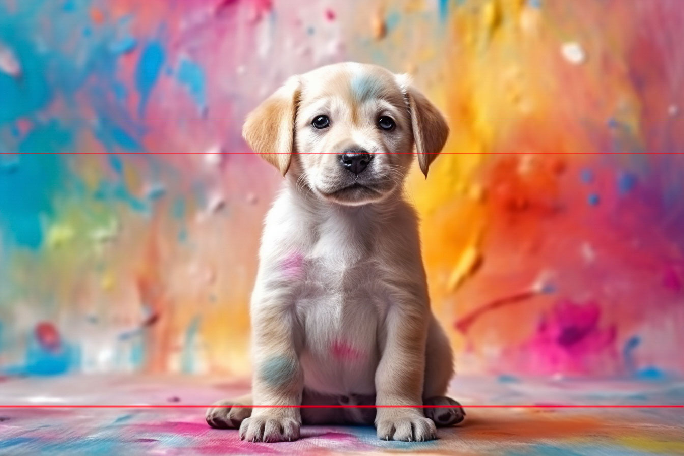 A picture of a small, yellow labrador retriever puppy sits on a colorful painted floor with an abstract, vibrant background of pink, blue, and yellow splashes. There are light pink and blue paint smudges on its fur pulling together the idea it either is the artist or brushed the wet paint.