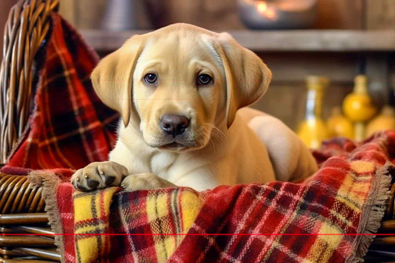 A yellow Labrador Retriever puppy lies in a wicker basket, resting on a red and yellow plaid blanket. The background includes blurred household items in warm hues, enhancing the cozy ambiance of the scene. The puppy's expression is calm and slightly curious, making it a perfect picture of tranquility.