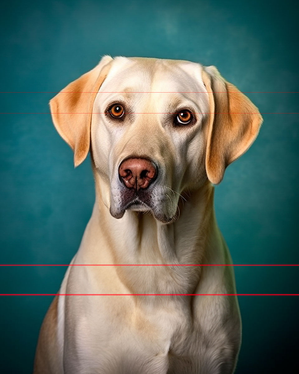 A picture of a yellow Labrador Retriever with a focused gaze, sitting against a teal background. The dog has a light cream coat, expressive brown eyes, and floppy ears. The lighting highlights the contours of its face, enhancing its attentive and gentle expression.