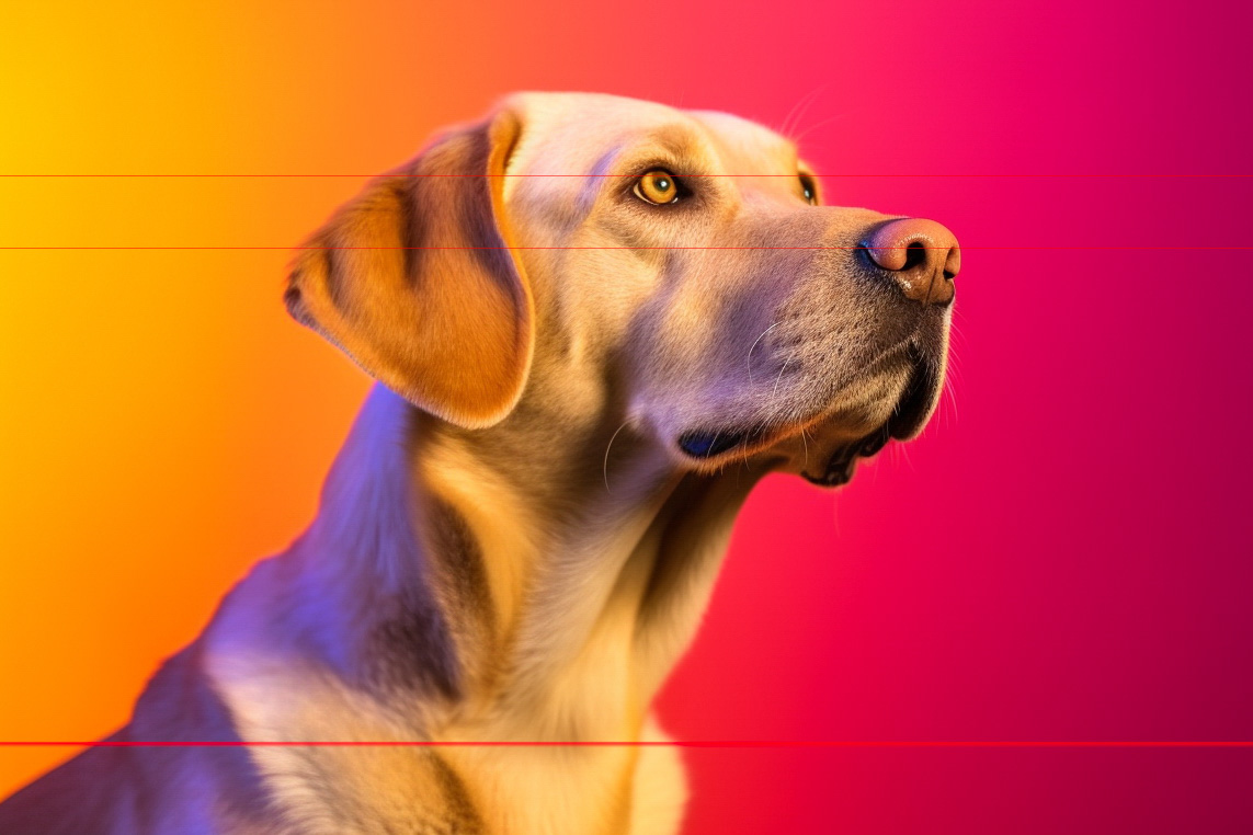 A Labrador Retriever with a golden-yellow coat is shown in profile view against a vibrant background transitioning from orange to pink. The dog looks slightly upwards with an attentive and calm expression. The colorful backdrop accentuates the dog's soft fur and gentle features.