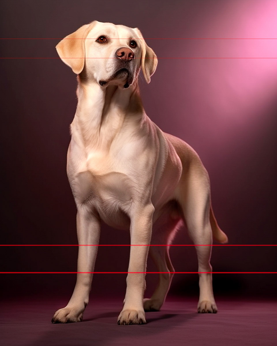 A yellow Labrador Retriever stands on a dark mauve gradient background. The dog gazes slightly to the left, showcasing its cream-colored fur and alert expression. Lighting highlights the dog's smooth coat and muscular build, creating a dramatic and elegant appearance in this picture.