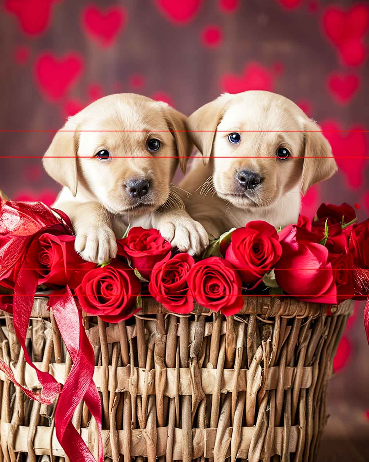 Two adorable yellow Labrador Retriever puppies sit inside a woven basket adorned with vibrant red roses and red ribbons. The background features a bokeh effect with red heart shapes, creating a warm and loving atmosphere in this charming picture.