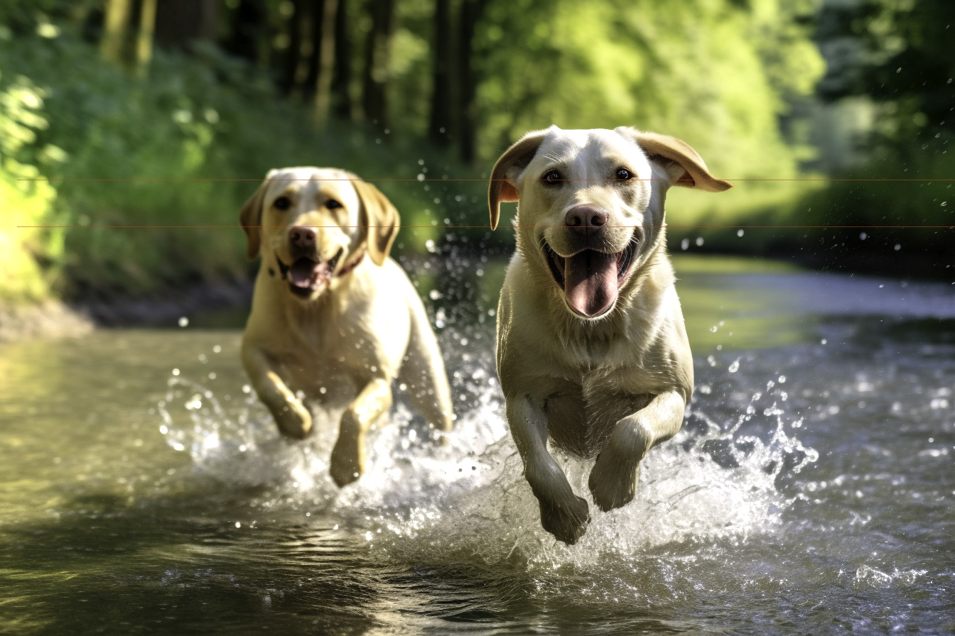 Two joyful Labrador Retrievers run through a shallow stream in a sunlit forest. The lead dog looks directly at the camera, mouth open, while the second dog follows closely behind, both creating splashes in the water.