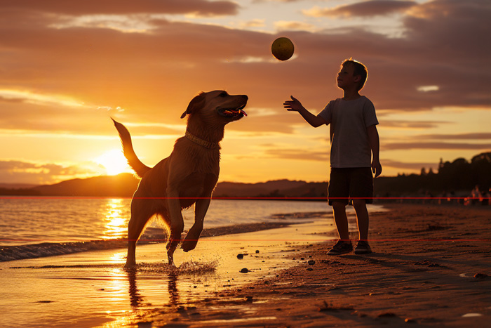 A boy and his Labrador Retriever dog play fetch on a beach at sunset. The dog leaps into the air, focused on a ball the boy has just thrown. The sky is illuminated with vibrant shades of orange and gold, reflected in the calm ocean waves. The silhouettes create a warm, tranquil picture.