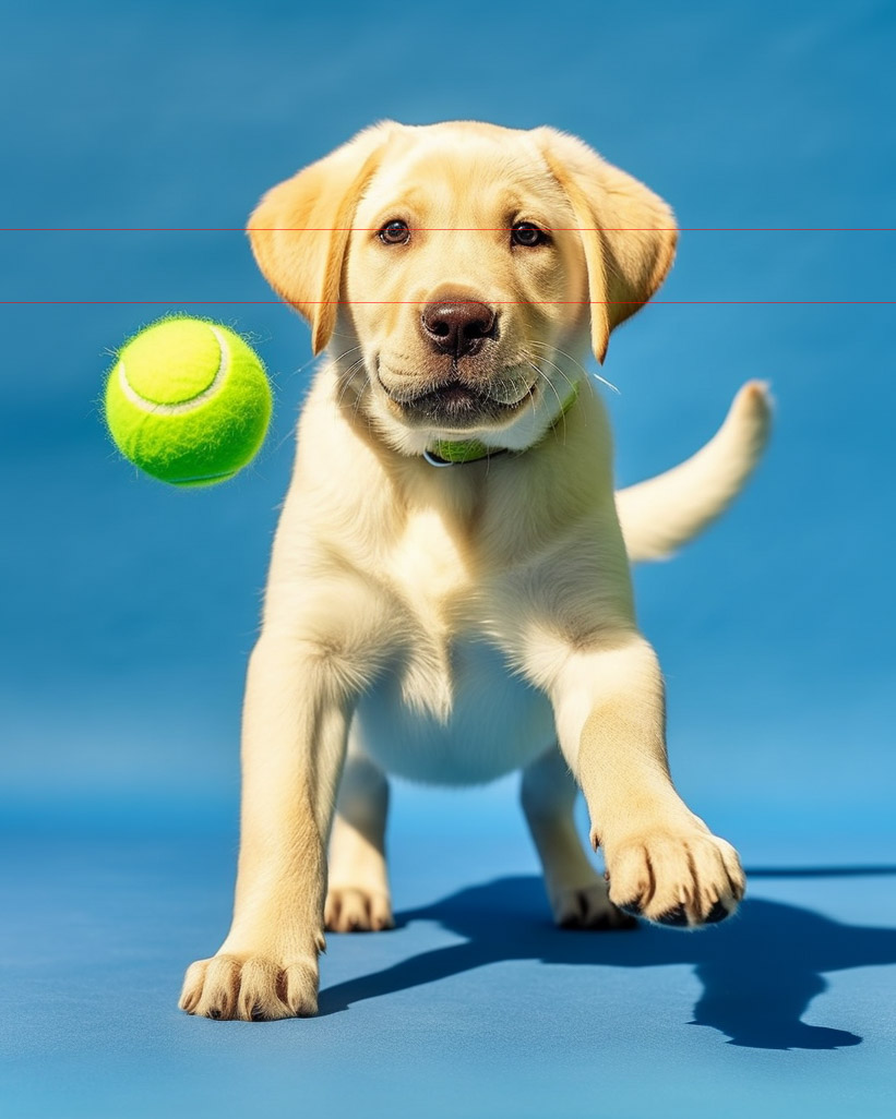 Yellow Labrador Retriever Loves Retrieving Tennis Ball, running headlong to catch an airborne bright green tennis ball against a solid blue backdrop