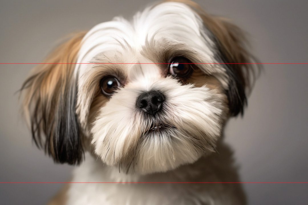 A beautiful close-up portrait picture of an adult Shih Tzu with a white and brown coat against a neutral background. The dog's eyes are wide and expressive, with a hint of curiosity. It has a fluffy, well-groomed appearance, with long fur on its ears framing its tilted face and head.