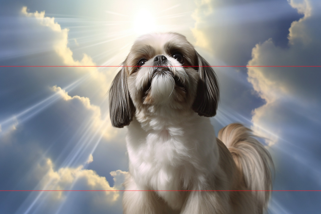 A picture with a Shih Tzu sitting in front of a radiant sky with sunlight streaming through clouds. The dog has a fluffy white and tan coat, dark round eyes, and long ears. The atmosphere feels ethereal and serene due to the heavenly light and soft cloud formations.