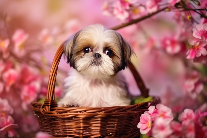 A small, fluffy Shih Tzu puppy with a mix of white and brown fur sits in a woven wicker basket. The picture captures the basket nestled among branches filled with pink cherry blossoms, creating a soft and colorful background. The puppy's face conveys a curious and gentle expression.