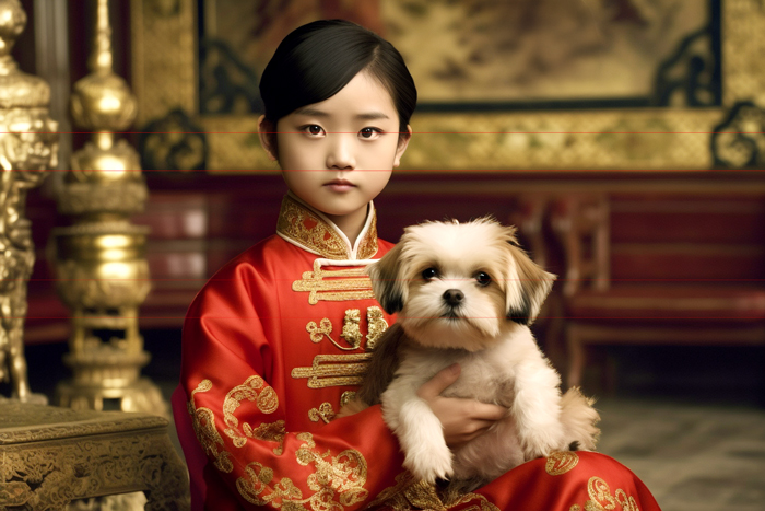 In this picture, a young girl in an elegant red and gold traditional Chinese outfit sits in an ornately decorated room, holding a small white and brown Shih Tzu. The setting features gold accents and intricate furnishings, evoking a luxurious and historic oriental atmosphere. The girl's expression is calm and composed as is the Shih Tzu's.