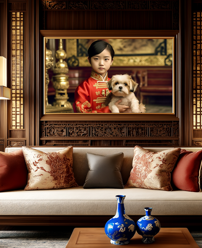 A framed portrait of a child holding a Shih Tzu hangs on a richly decorated wooden wall. The child wears traditional Chinese red attire. Below, a beige sofa is adorned with red and beige cushions, and the coffee table in front has two blue and white porcelain oriental vases.