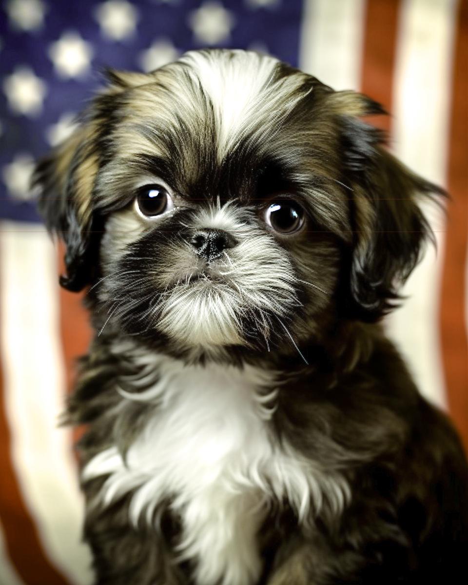 A small Shih Tzu puppy with a fluffy coat sits in front of an American flag. The picture shows the puppy's black and white fur pattern, with predominantly black fur and striking white markings on its face, chest, and forehead. Its large, dark eyes gaze forward, giving it an adorable, curious expression.