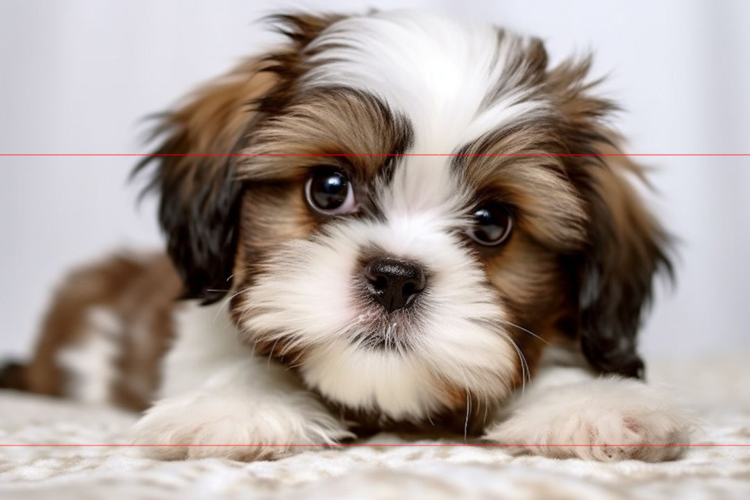 A fluffy brown and white puppy with large, dark eyes lies down on a light-colored, textured surface in this adorable picture. The puppy's fur is soft and slightly tousled, with its ears flopping to the sides. Its expression is attentive and curious, with its head slightly tilted and front paws stretched out.