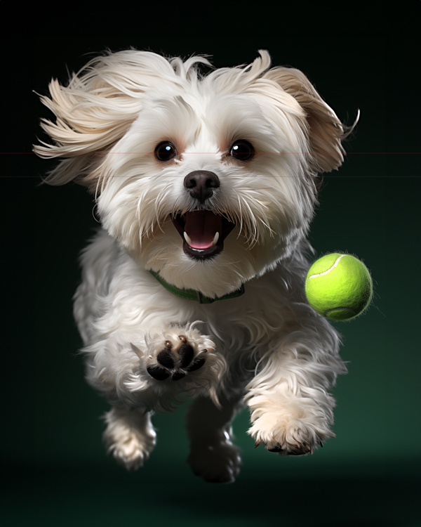 A small, fluffy white Shih Tzu with long hair runs forward with a green tennis ball in its mouth. The dog's ears bounce as it moves, and it has a joyful expression. The dark green ombre background makes the dog the central focus of the picture.