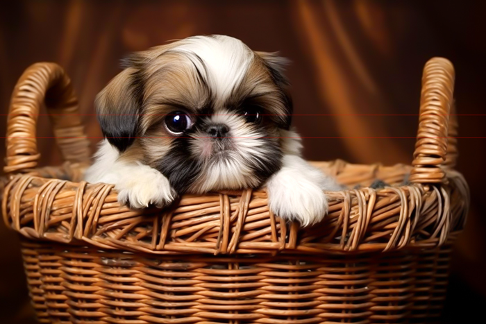 A small, fluffy puppy with a mix of brown, white, and black fur peeks over the edge of a woven wicker basket. The puppy has wide set large, dark, expressive eyes and a soft, curious expression. The background is a warm brown.