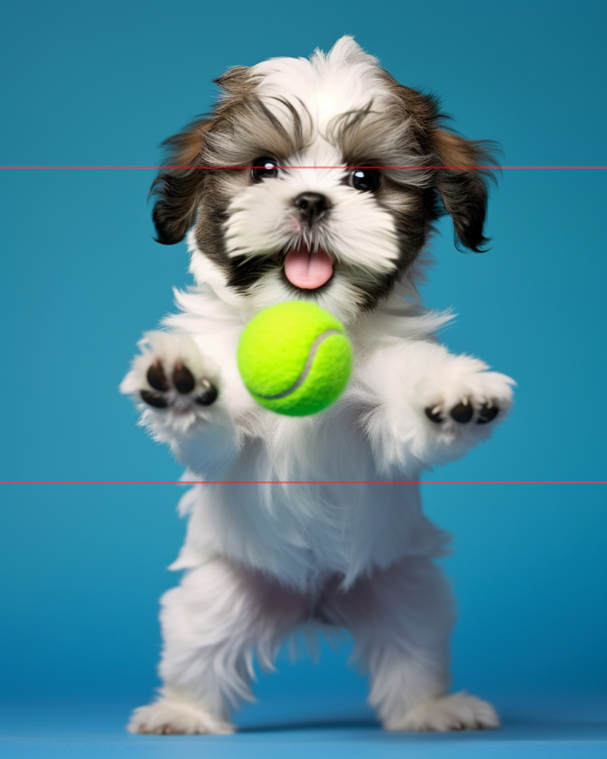 The picture shows a fluffy white and brown puppy standing on hind legs against a blue background, catching a bright green tennis ball. The puppy's  front paws are raised up in a playful attempt to catch the ball.