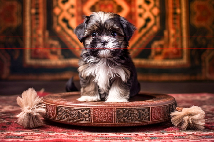 This picture captures a small, fluffy black and white Shih Tzu with a slightly mischievous expression sitting on an intricately designed round cushion. The background features a rich, ornate carpet with vibrant colors and patterns, reminescent of traditional Tibetan handiwork, the country of origin for the Shih Tzu.