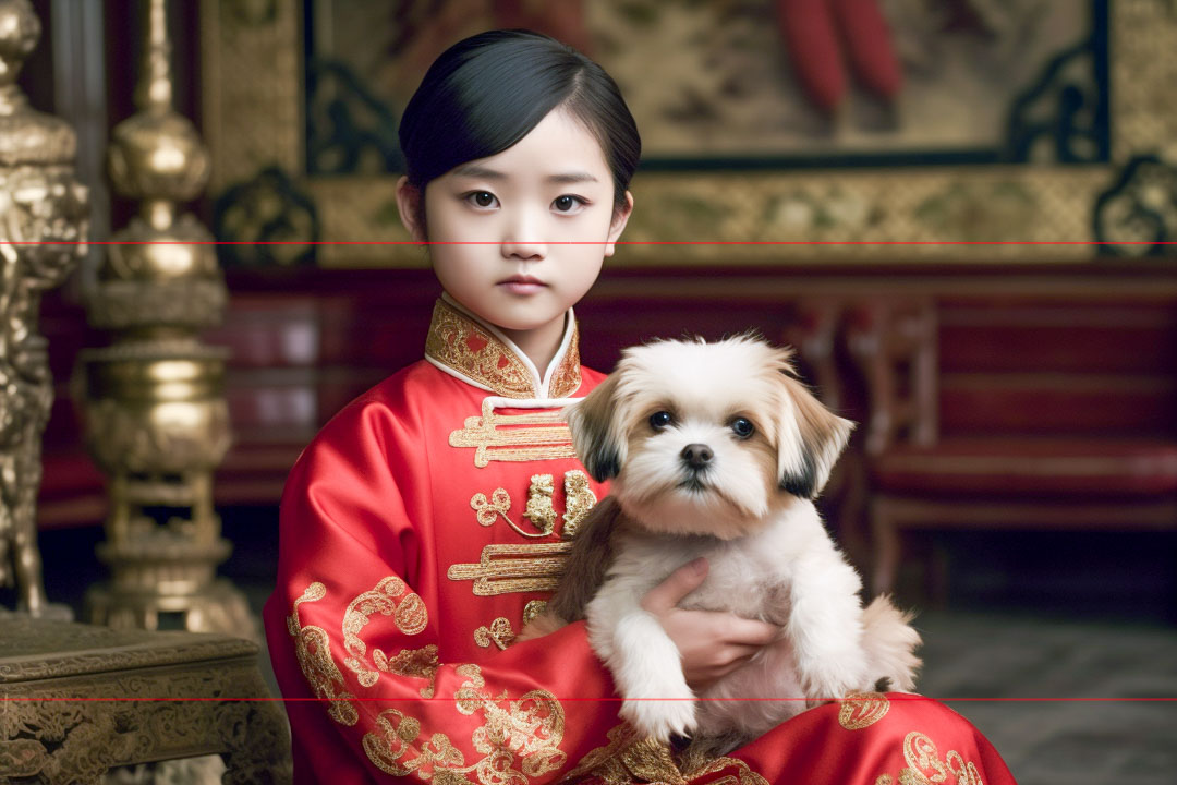 Beautiful young Chinese girl wearing red silk dress with gold embroidery holds Shih Tzu in traditionally decorated Chinese room.