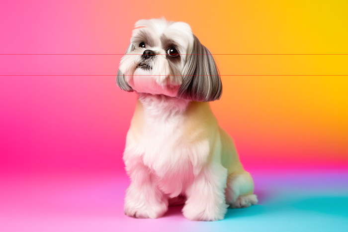 A fluffy Shih Tzu dog sits attentively on a vibrant background that transitions from pink at the bottom to yellow at the top in a rainbow of colors. In this picture, the dog has a well-groomed, white and light gray coat, big dark eyes, and a slight tilt to its head, giving it a curious and endearing expression.