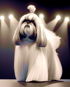 Shih Tzu with floor length show coat and stage spotlights in background, black and white photorealistic image