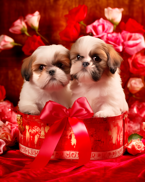 Two fluffy Shih Tzu puppies sit in a red gift box adorned with a big bow. The background of the picture is filled with vibrant red and pink roses, creating a romantic and festive atmosphere. The puppies look directly at the viewer with inquisitive expressions.