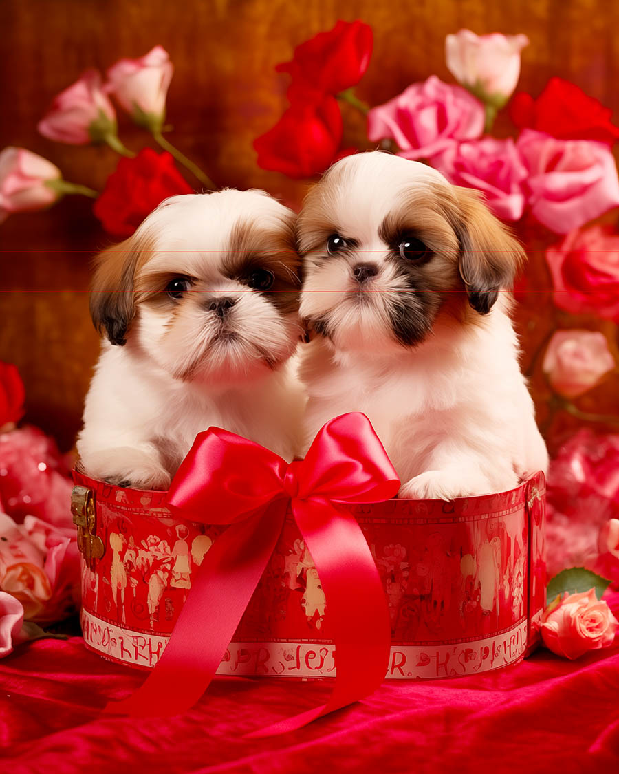 2 Shih Tzu puppies snuggle together in red heart shaped box with ribbons. Red & Pink roses in the background.