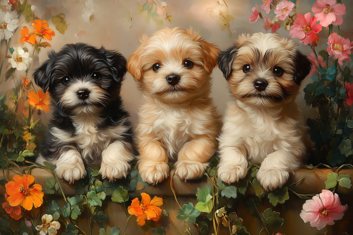 Three Charming Shih Tzu Puppies Surrounded by Blooming Flowers, sit side by side atop a wall in an English garden, amidst a backdrop of colorful autumn foliage radiating joy and innocence in this vintage artwork.