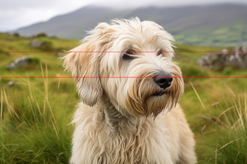 A fluffy, Wheaten Terrier with wavy fur stands in a grassy field, looking to the right. The background features rolling green hills in Ireland, misty, cloud-covered mountains with old, weathered stone ruins, lending a historic tie to the Wheatie's roots.