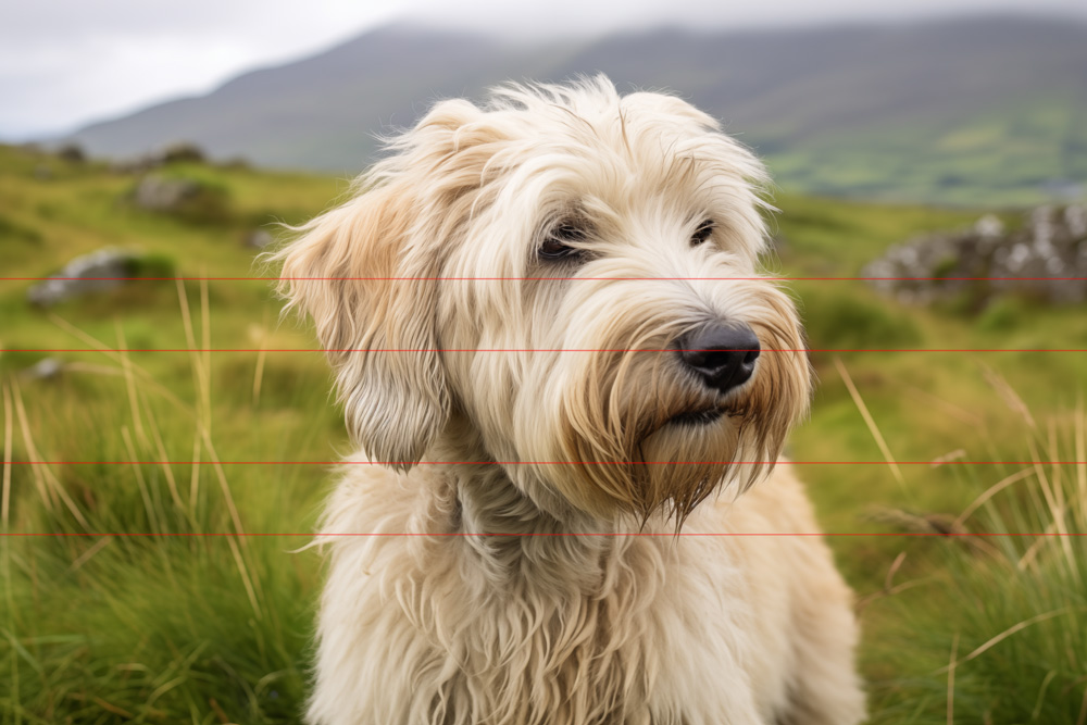 In this picture, a fluffy, Wheaten Terrier with wavy fur stands in a grassy field, looking to the right. The background features rolling green hills in Ireland, misty, cloud-covered mountains with old, weathered stone ruins, lending a historic tie to the Wheatie's roots.