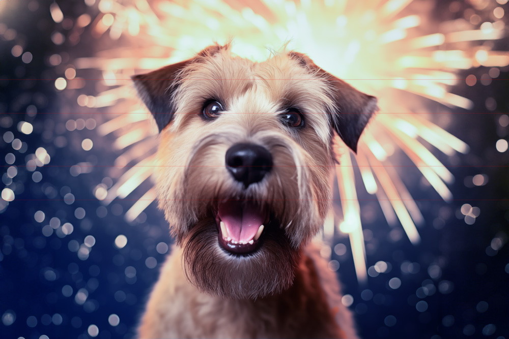 A picture of a joyful Soft Coated Wheaten Terrier is pictured in front of a vibrant fireworks display. The dog has its mouth open with an excited expression. The fireworks create a dazzling background with bright, multicolored light bursts.
