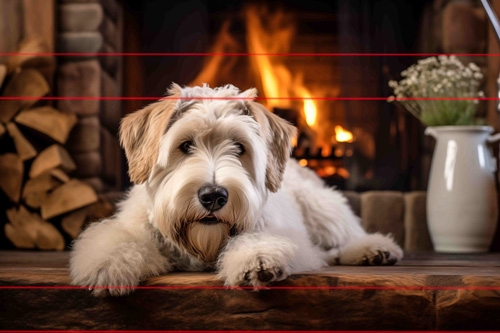A fluffy Wheaten Terrier with tan ears lies on a wooden floor in front of a cozy fireplace. The fire emits a warm glow, illuminating the stone hearth and creating a comforting atmosphere. A vase with white flowers sits on the right, and a stack of firewood is on the left.