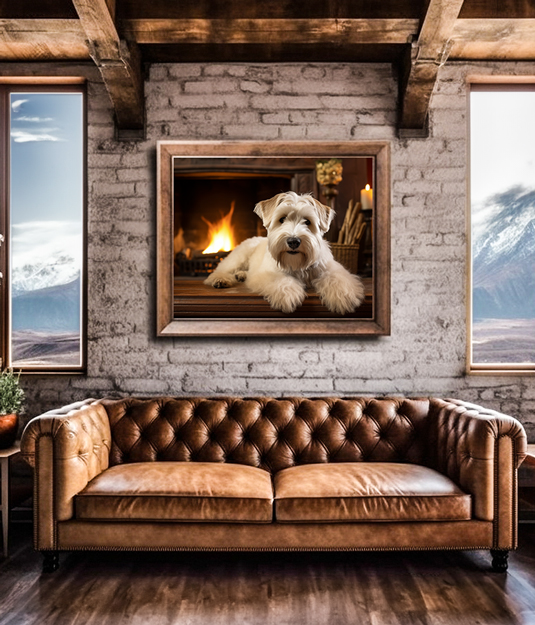 
A cozy rustic living room features a tufted brown leather sofa against a stone wall. Above the sofa is a framed picture of a fluffy Wheaten Terrier lying down, with a fireplace in the background. Large windows on either side of the sofa showcase scenic mountain views.