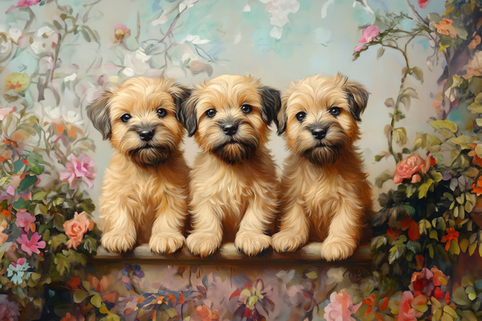 Three Charming Wheaten Terrier Puppies Surrounded by Blooming Flowers, sit side by side atop a wall in an English garden, amidst a backdrop of colorful autumn foliage radiating joy and innocence in this vintage artwork.