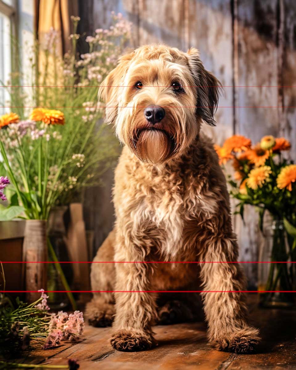 In this picture, a Wheaten Terrier sits in front of rustic wooden backdrop, colorful flowers in vases. The dog has a wavy tousled coat and a calm, attentive expression. Natural light filters through a window.
