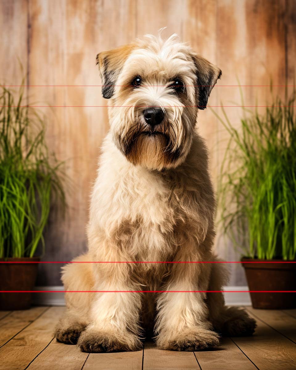 In this picture, a Wheaten Terrier sits in front of a rustic wooden backdrop with potted plants.