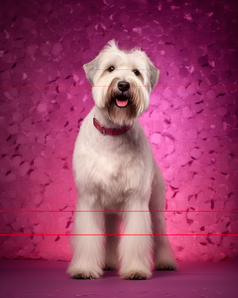 In this picture, a fluffy sparkling clean Wheaten Terrier stands facing front and looking at the viewer. The Wheatie has a happy expression with its tongue slightly out and its beautiful dark eyes bright. Against a vibrant pink bokeh backdrop reminescent of confetti at a party, she wears a pink collar.