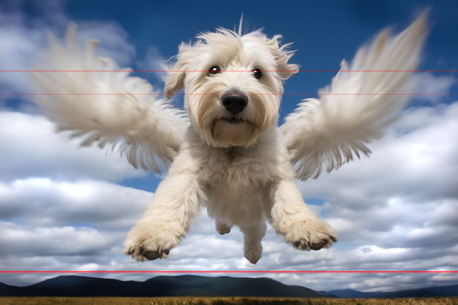 In this picture, a light colored Wheaten Terrier with wings is flying toward the viewer out of a blue sky, scattered white clouds and a landscape with distant mountains. It wears a beatific dog smile as he looks down below.