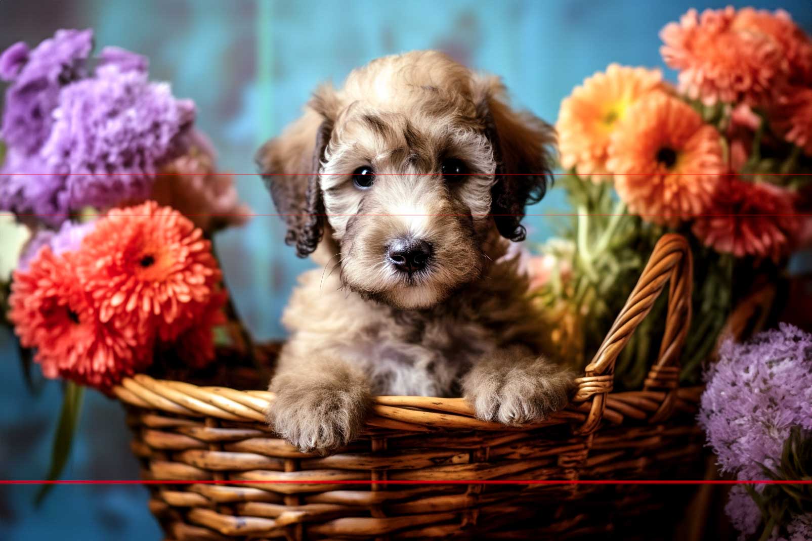 In this picture, a Wheaten Terrier puppy with fluffy brownish fur sits in a wicker basket surrounded by colorful flowers. The flowers include purple, orange, and pink blooms, creating a vibrant contrast with the puppy's soft fur. The background is blurred in shades of blue.