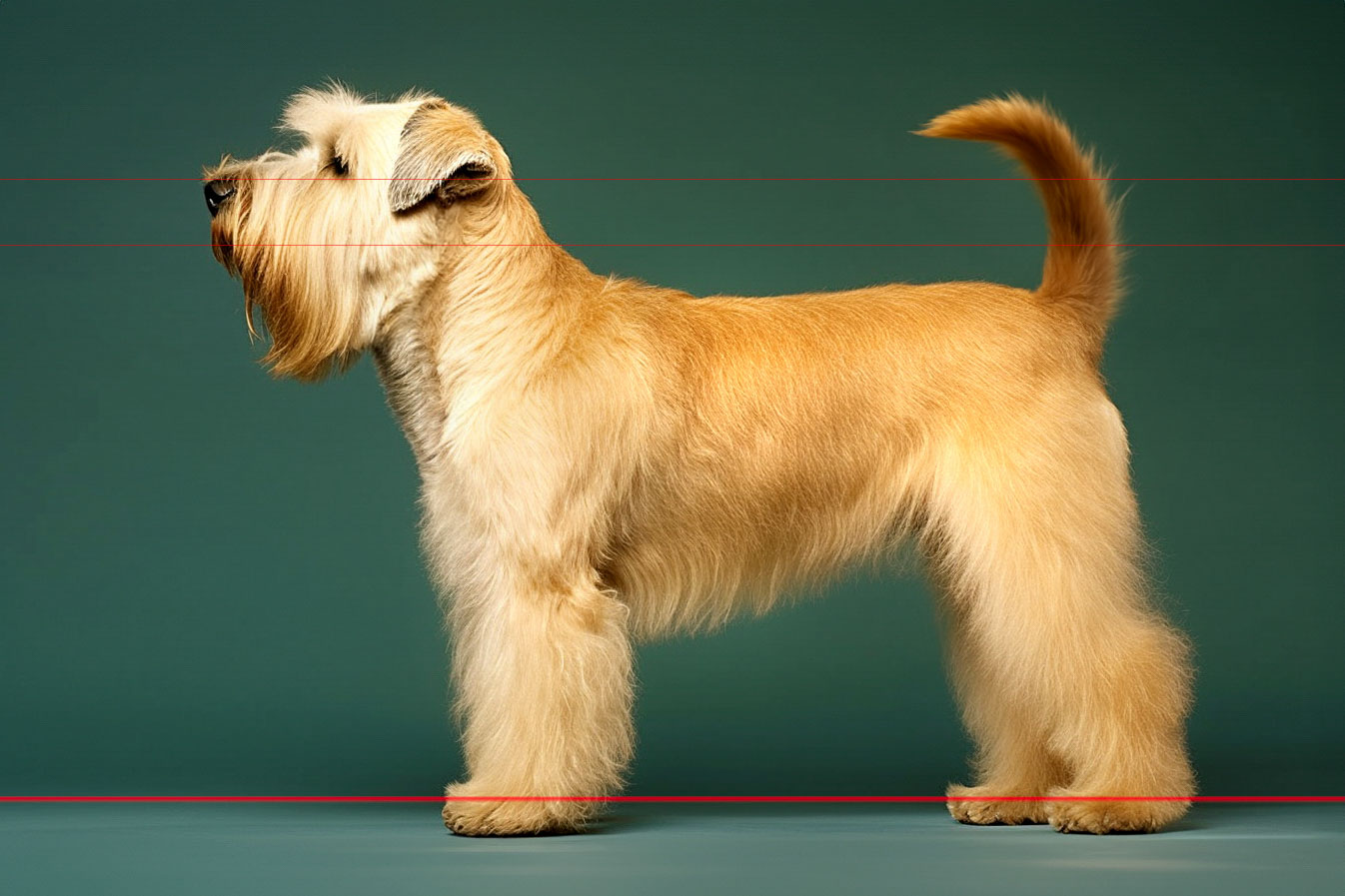 In this picture, a Wheaten Terrier stands in a side profile against a solid teal background. The dog's fluffy, wheaten coat is light golden with a bushy beard and ears that fold forward. Its triangular tail curves upwards, and its fur is perfectly groomed.