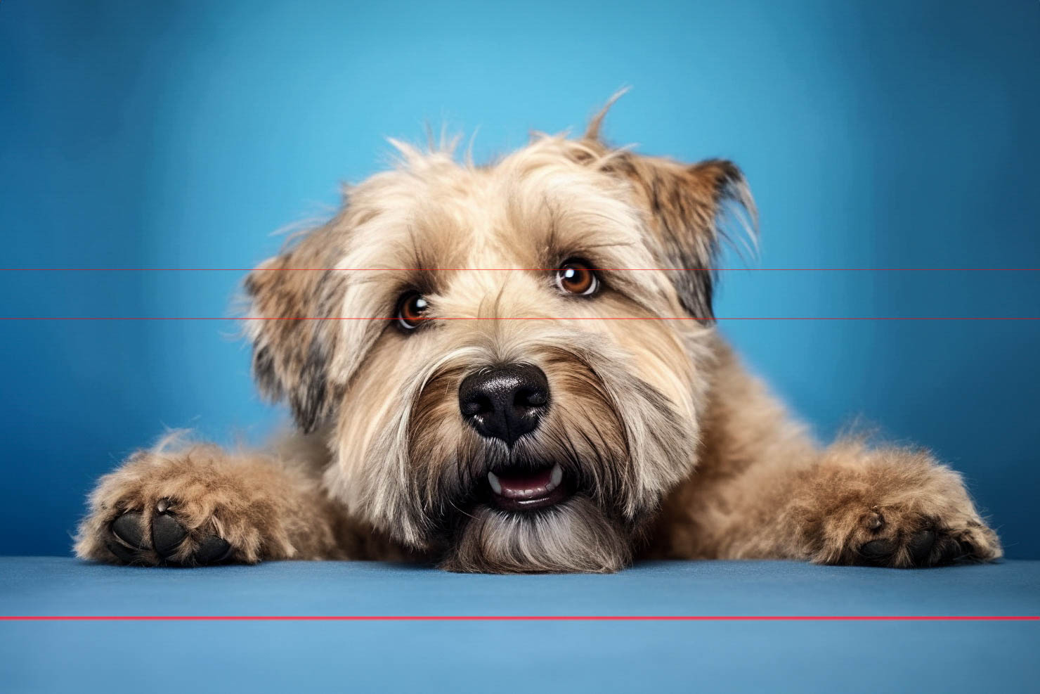 In this picture, a fluffy, Wheaten Terrier with shaggy fur peers over a blue surface, in a playful expression staring directly at the viewer with big, brown eyes and black nose. Its front paws rest on the surface, and its mouth is slightly open. The background is a plain studio backdrop with a gradient light blue color.