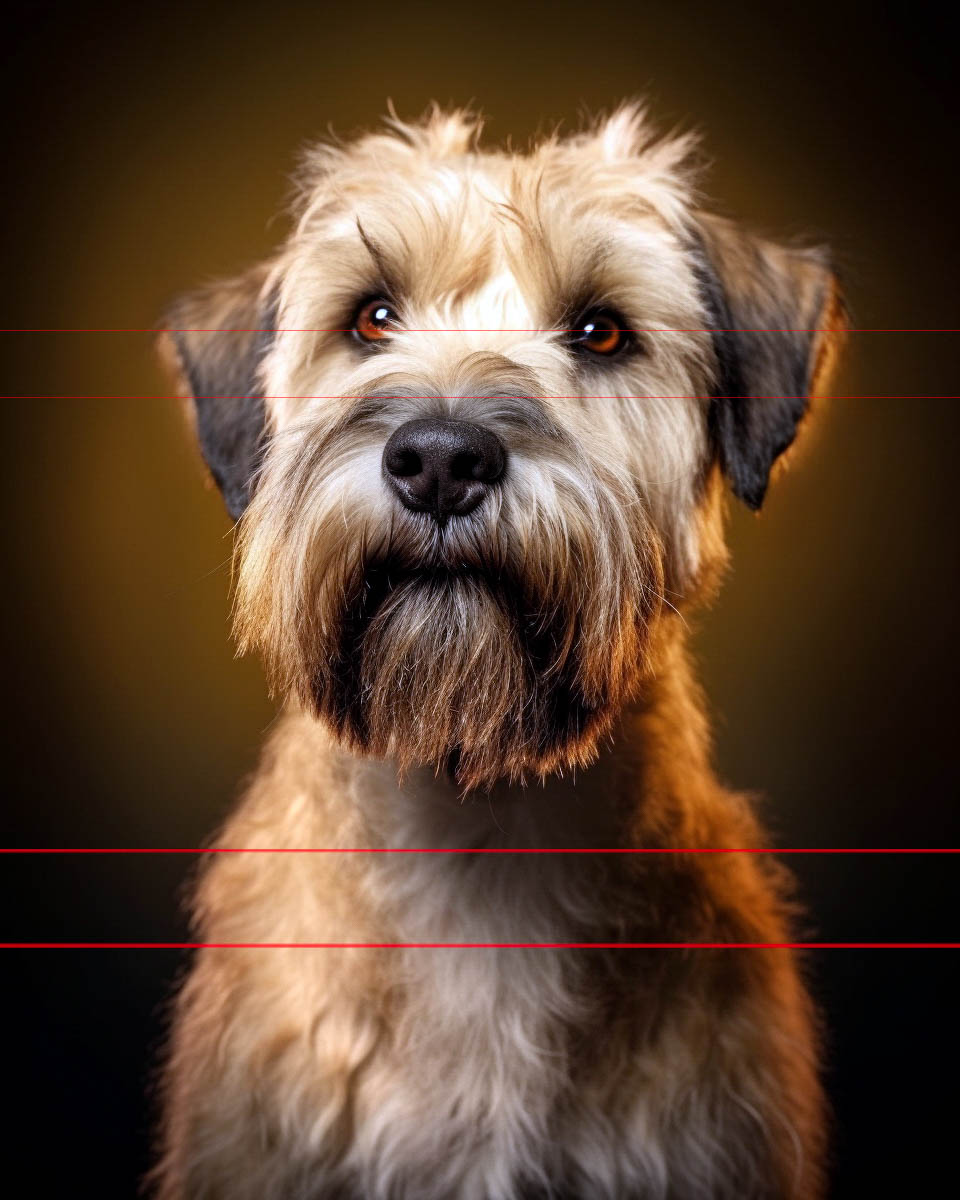 In this picture, a portrait of a Wheaten Terrier is set against a dark background. The dog has bright, expressive brown eyes and a slightly cocked head, giving it an attentive look. The lighting highlights the dog's fur textures and details, creating a sharp and vivid image in soft beige and browns.