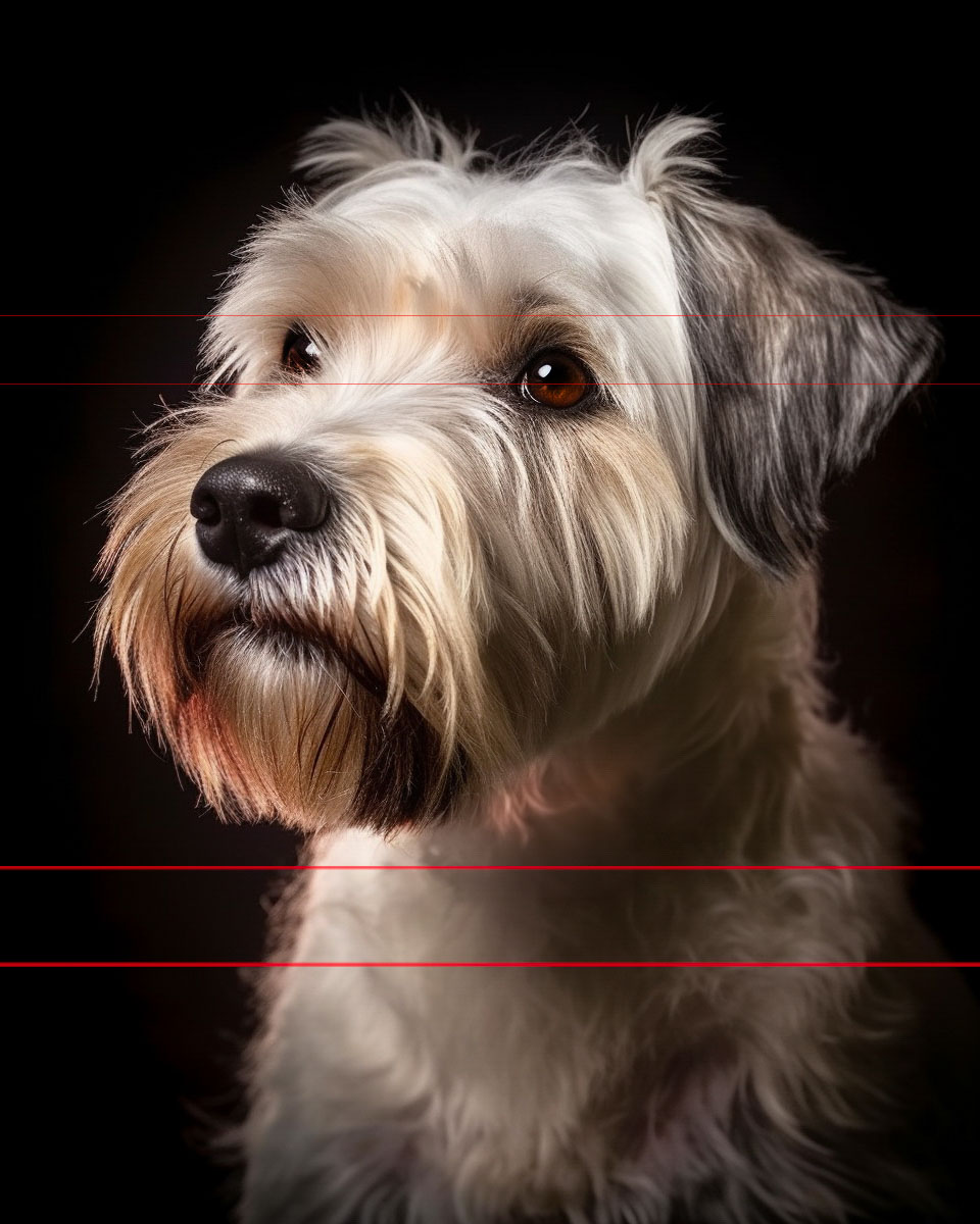 In this picture, a cinematically lit portrait of a Wheaten Terrier with soft wavy light colored coat and a long beard against a black background. The dog has large soulful, brown eyes and a large shiny black nose.