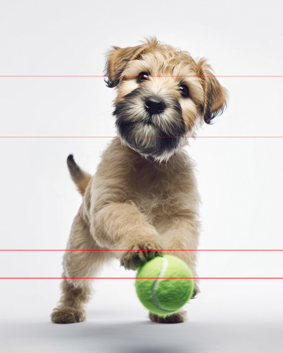 In this picture, a fluffy, wheaten terrier puppy with tan ears, a silver muzzle and expressive eyes stands on a white background. The puppy is holding a green tennis ball in a playful stance as if he caught the ball, while looking ahead at whomever threw it.