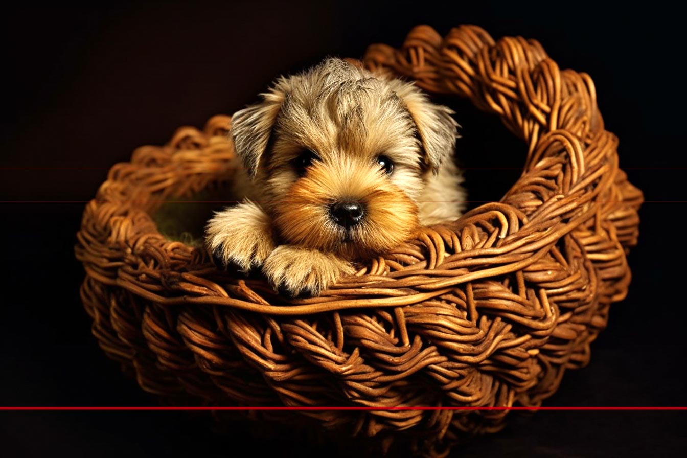 In this picture, a small fluffy light brown wheaten puppy sits adorably in a woven wicker basket. The puppy's round eyes and tiny nose peek over the top, giving a heartwarming, innocent expression. The dark background emphasizes the intricately woven basket.
