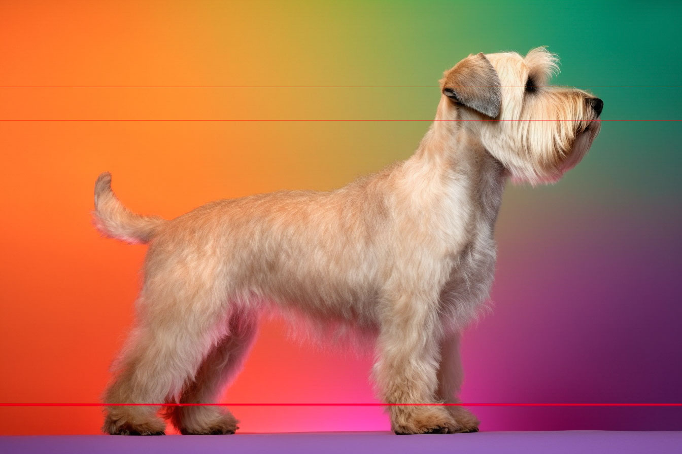 In this picture, a well-groomed Wheaten Terrier stands in a side profile against a vivid gradient background that transitions through the whole spectrum of pride colors. Its head is raised and stands in a stacked position