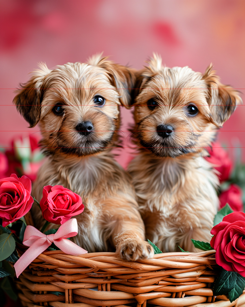 In this picture, two fluffy wheaten puppies sit-up attentively in a wicker basket surrounded by red roses. Background is a warm, blurred mix of pink in a romantic version of a Valentines card or amazing present.