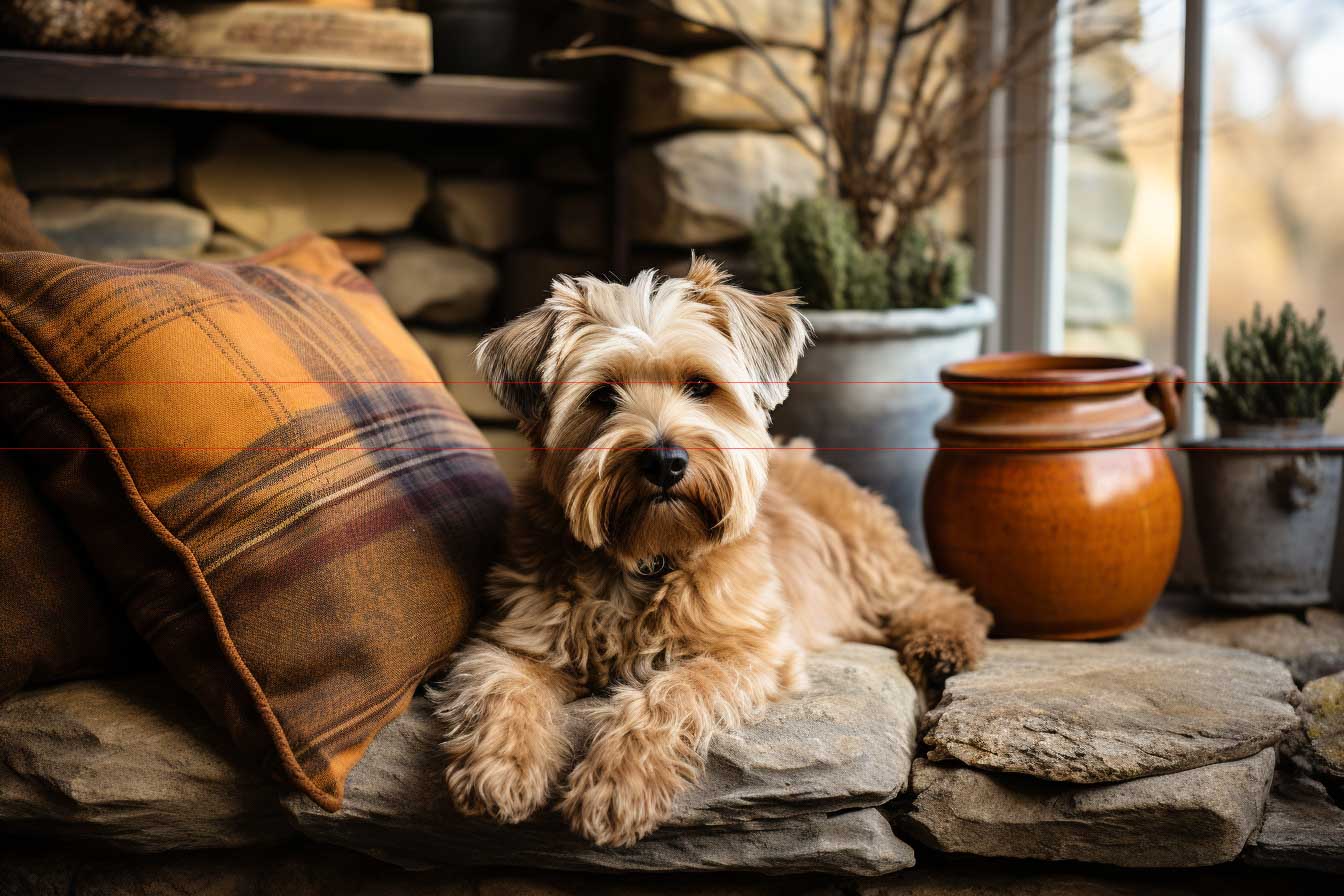 Wheaten Terrier In Irish Cottage sitting on a flagstone floor near flagstone fireplace with ceramic pots